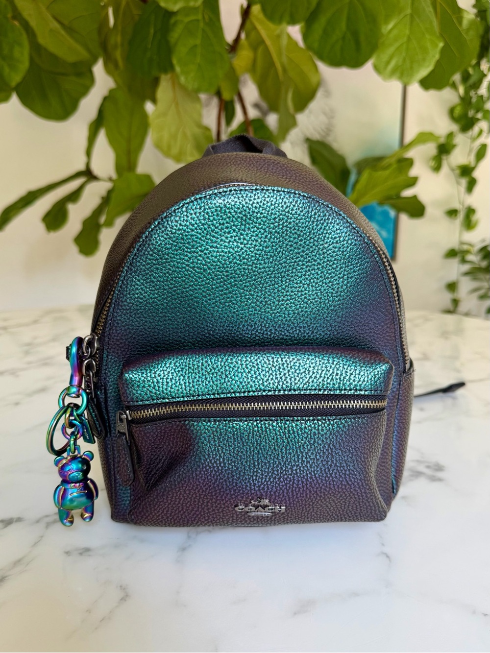 Coach Mini Charlie Backpack F24353 Hologram Oil Slick Leather with Bear Charm